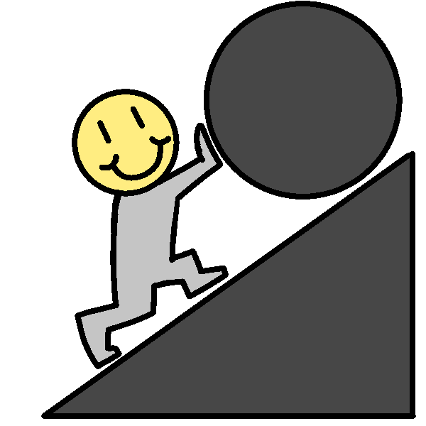 A light gray figure pushing a boulder up a steep incline. The figure has a comically large yellow smiley face for a head.